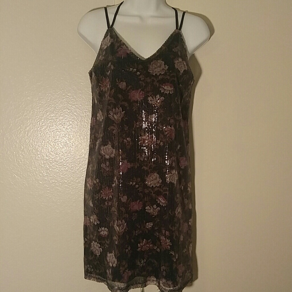 90s Floral strappy sequined black cocktail slip dress